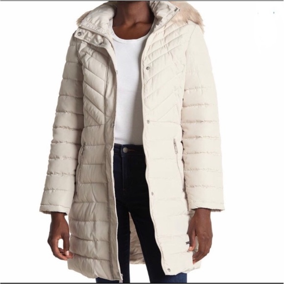 Kenneth Cole New York Quilted Ivory Puffer Jacket W Faux Fur Size S - Picture 1 of 11